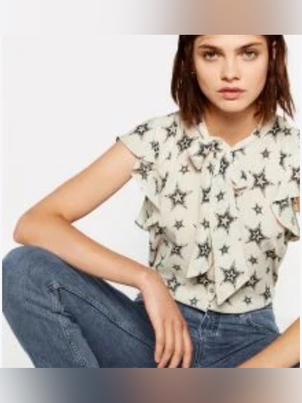Zara Star-Print Ruffle Tie Blouse